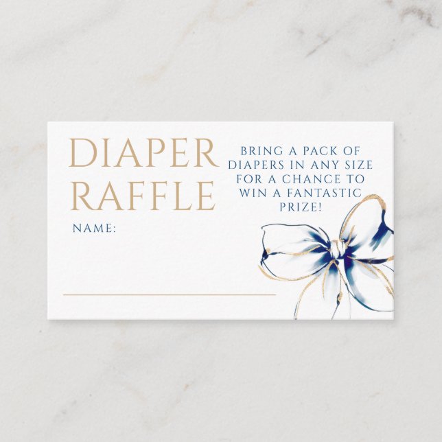 Navy Blue and Gold Bow Diaper Raffle Ticket Enclosure Card (Front)