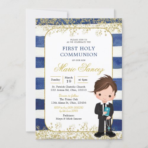 Navy Blue and Gold Boy First Holy Communion Invitation