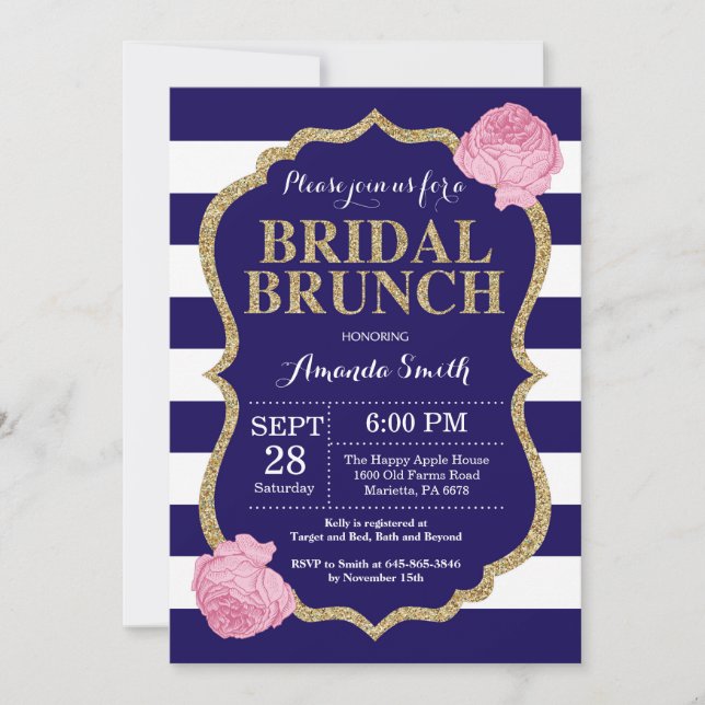 Navy Blue and Gold Bridal Brunch Invitation (Front)