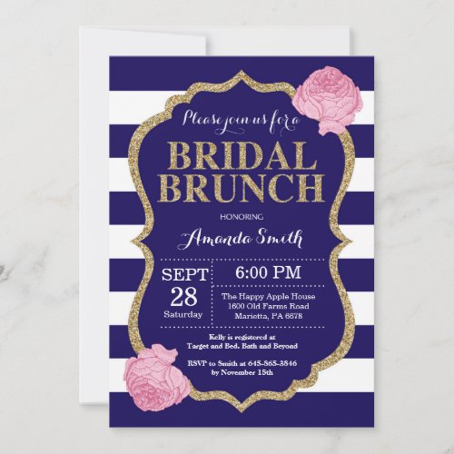 Navy Blue and Gold Bridal Brunch Invitation