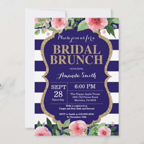 Navy Blue and Gold Bridal Brunch Invitation Floral