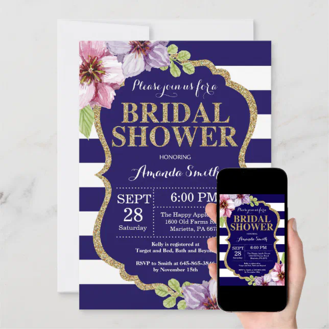 Navy Blue and Gold Bridal Shower Invitation Floral Zazzle