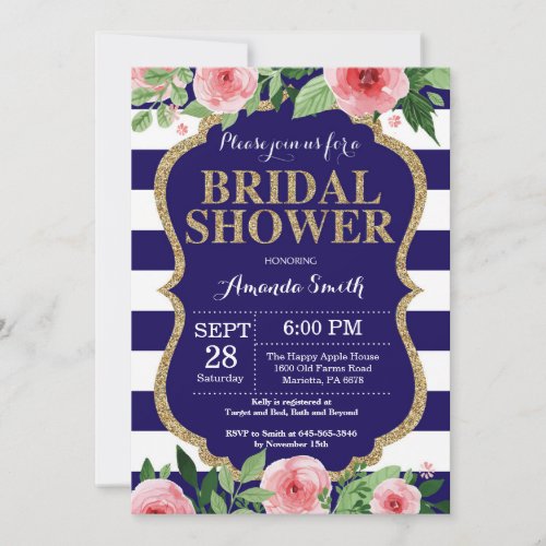 Navy Blue and Gold Bridal Shower Invitation Floral