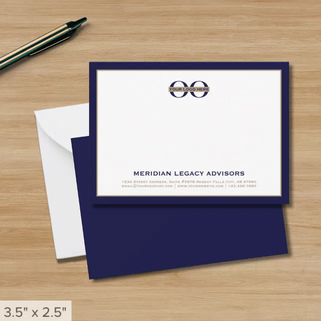 Navy Blue and Gold Business Note Card with Logo Zazzle