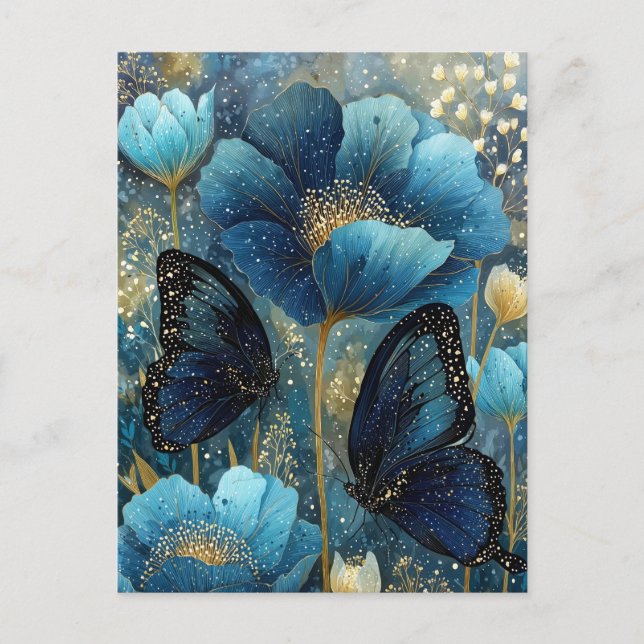 Navy Blue and Gold Butterfly with Teal Flower Postcard (Front)