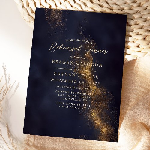 Navy Blue And Gold Calligraphy Rehearsal Dinner Invitation
