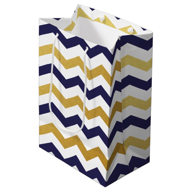 Navy Blue and Gold Chevron Pattern Gift Bag (Front Angled)