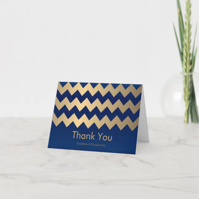 Navy Blue and Gold Chevron Pattern Thank You Card | Zazzle
