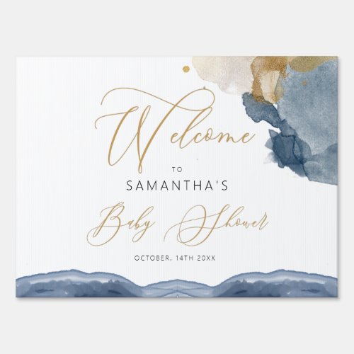 Navy Blue And Gold Chic Welcome Baby Shower Sign