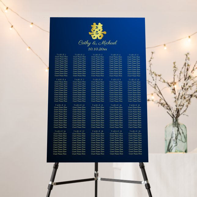 Navy blue and gold Chinese wedding seating chart Foam Board (In Situ (Stand))