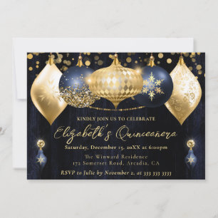 Navy Blue and Gold Christmas Baubles Quinceanera Invitation