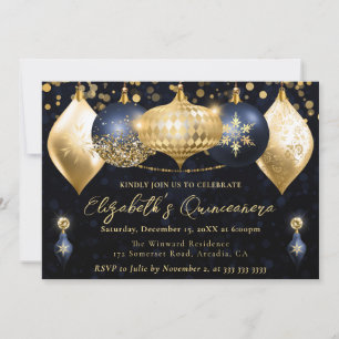 Navy Blue and Gold Christmas Baubles Quinceanera Invitation