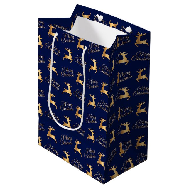 Navy Blue and Gold Christmas Reindeers Medium Gift Bag (Front Angled)