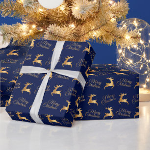Navy Blue and Gold Christmas Reindeers Wrapping Paper
