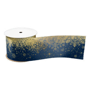 Navy Blue and Gold Christmas Snowflakes Satin Ribbon