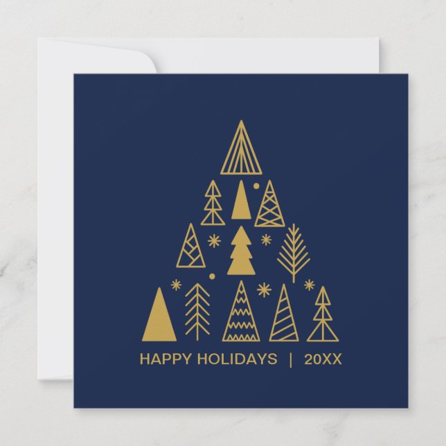 Navy Blue and Gold Christmas Tree | Holiday Square Card (Front)