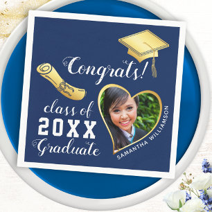 Navy Blue and Gold Class 2025 Photo Graduation Napkins