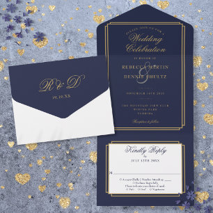 Navy Blue And Gold Classic Deco Monogram Wedding All In One Invitation