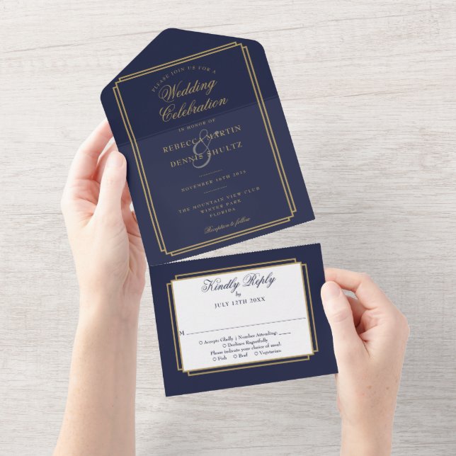Navy Blue And Gold Classic Deco Monogram Wedding All In One Invitation (Tearaway)