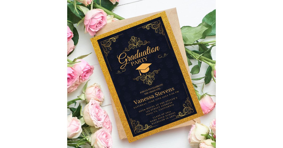 Navy Blue And Gold Classic Graduation Cap Party Invitation | Zazzle
