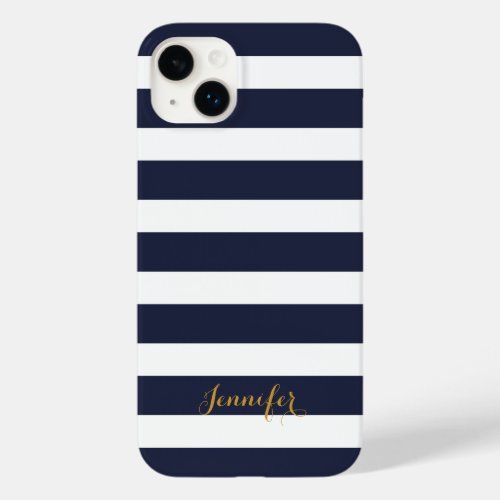 Navy Blue and Gold Classic Stripes Monogram Case_Mate iPhone 14 Plus Case