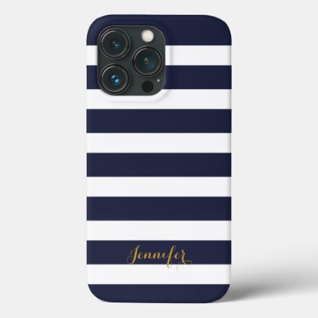 Navy Blue And Gold Classic Stripes Monogram Iphone 13 Pro Case