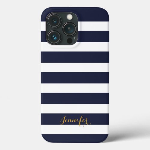 Navy Blue and Gold Classic Stripes Monogram iPhone 13 Pro Case