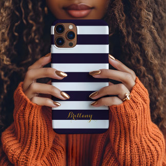 Navy Blue and Gold Classic Stripes Monogram iPhone 15 Pro Max Case