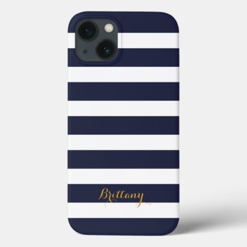 Navy Blue and Gold Classic Stripes Monogram iPhone 13 Case