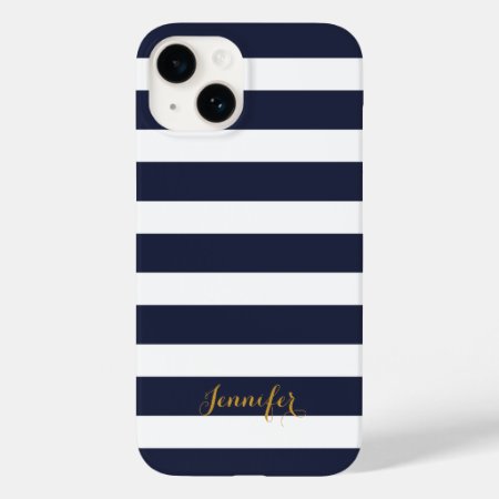 Navy Blue And Gold Classic Stripes Monogram Case-mate Iphone 14 Case