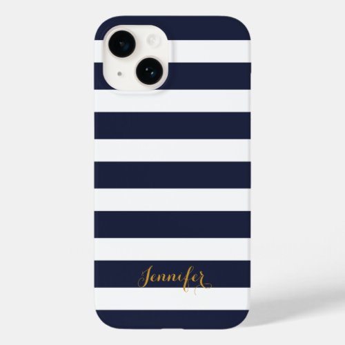 Navy Blue and Gold Classic Stripes Monogram Case_Mate iPhone 14 Case