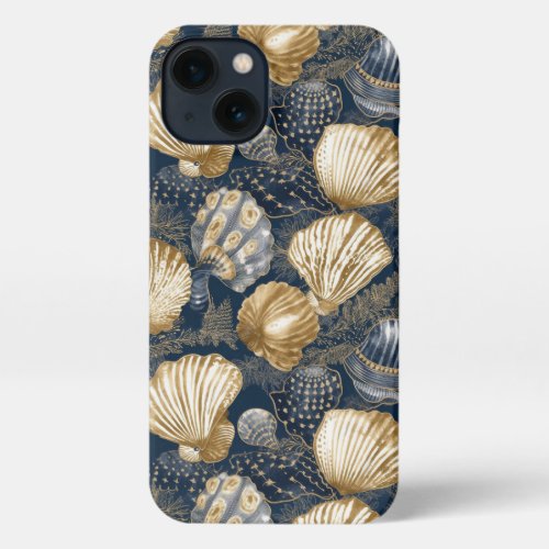 Navy Blue and Gold Coastal Elegance Seashell iPhone 13 Case