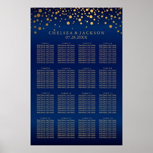 Navy Blue and Gold Confetti Dots  16 Seating Chart