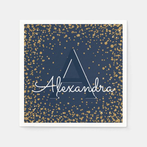 Navy Blue and Gold Confetti Monogram Birthday Napkins