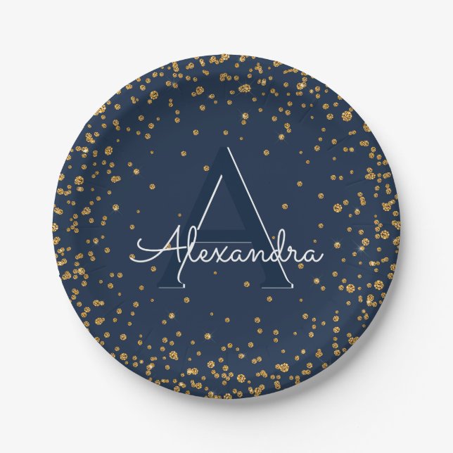 Navy Blue and Gold Confetti Monogram Birthday Paper Plates (Front)