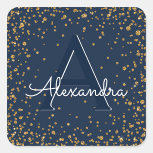Navy Blue and Gold Confetti Monogram Birthday Square Sticker