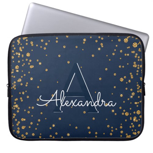 Navy Blue and Gold Confetti Monogram Laptop Sleeve