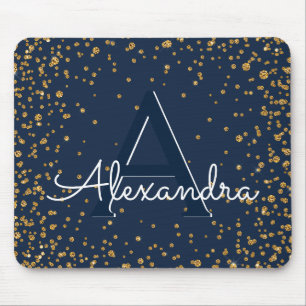 Navy Blue and Gold Confetti Monogram Name Mouse Pad
