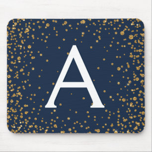 Navy Blue and Gold Confetti Monogram Name Mouse Pad