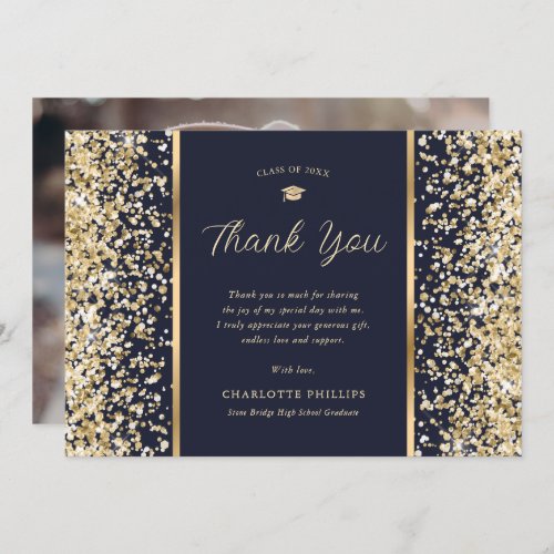 Navy Blue and Gold Confetti Photo Graduation Thank You Card