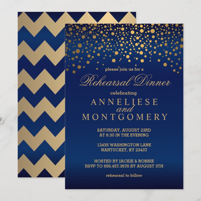 Navy Blue and Gold Confetti Rehearsal Dinner Invitation (Front/Back)
