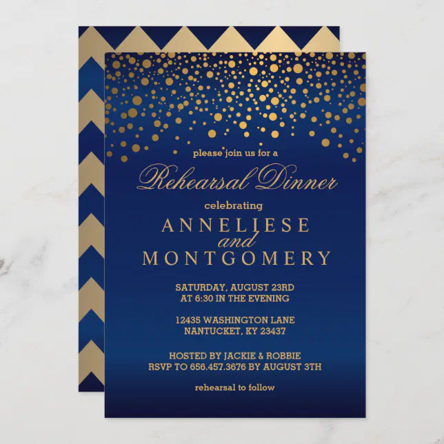 Navy Blue and Gold Confetti Rehearsal Dinner Invitation | Zazzle