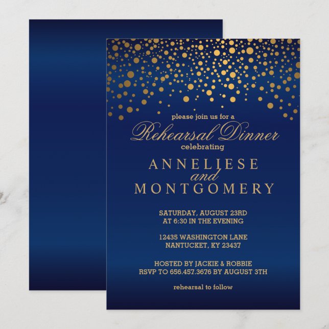 Navy Blue and Gold Confetti Rehearsal Dinner Invitation (Front/Back)