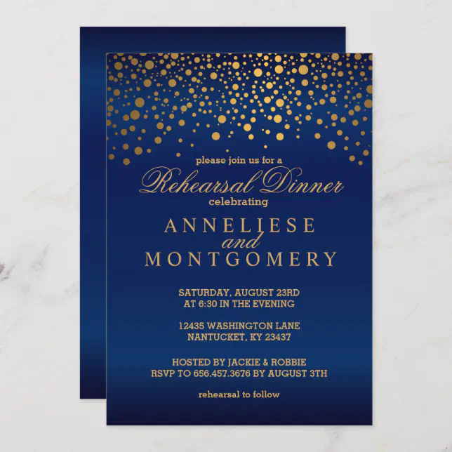 Navy Blue and Gold Confetti Rehearsal Dinner Invitation | Zazzle