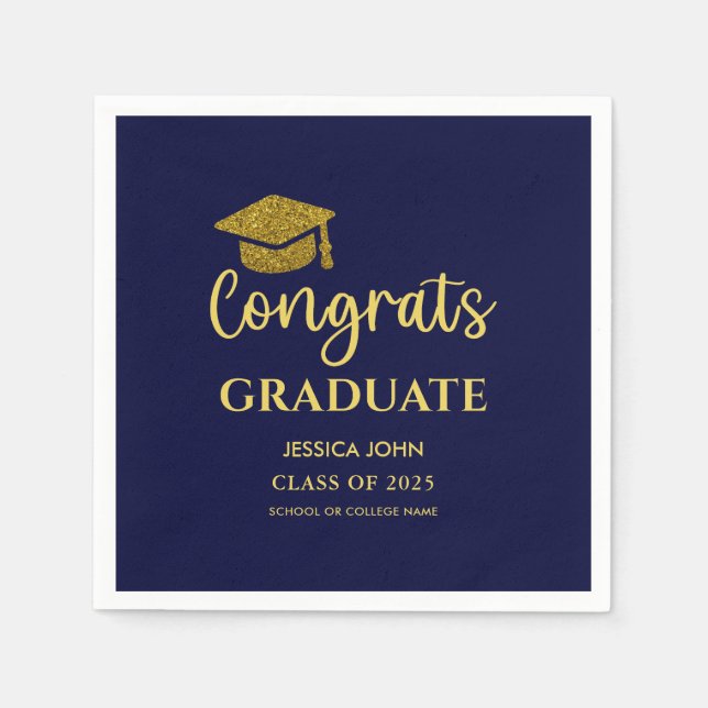 Navy Blue and Gold Congrats Graduate Graduation  Napkins (Front)