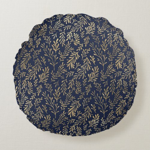 Navy Blue and Gold Coral design Round Pillow