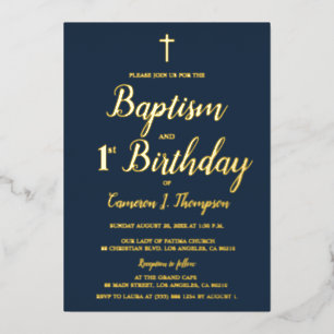 Navy blue and gold cross Baptism and 1st birthday Foil Holiday Card