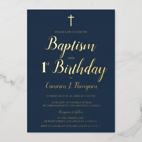 Navy blue and gold cross Baptism and 1st birthday Foil Holiday Card