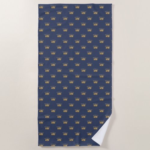 Navy Blue and Gold Crown design Beach Towel