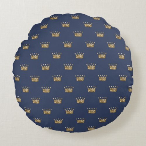 Navy Blue and Gold Crown design Round Pillow